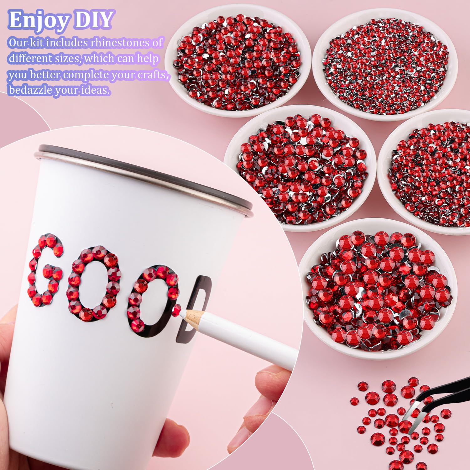 16000Pcs Resin Rhinestones with Tweezers for Crafting, Red 2-6mm Mixed Sizes Flatback Gems, Bedazzling Crystal for DIY Crafts Clothing Tumblers Mugs Shoes Fabric Nail Art